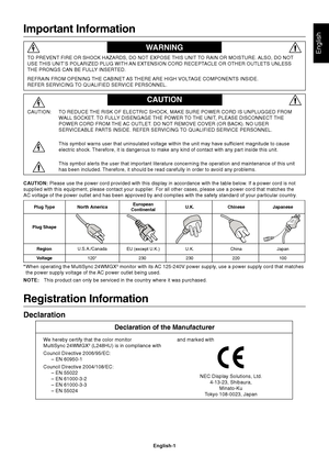 Page 3English-1
English
Important Information
TO PREVENT FIRE OR SHOCK HAZARDS, DO NOT EXPOSE THIS UNIT TO RAIN OR MOISTURE. ALSO, DO NOT
USE THIS UNIT’S POLARIZED PLUG WITH AN EXTENSION CORD RECEPTACLE OR OTHER OUTLETS UNLESS
THE PRONGS CAN BE FULLY INSERTED.
REFRAIN FROM OPENING THE CABINET AS THERE ARE HIGH VOLTAGE COMPONENTS INSIDE.
REFER SERVICING TO QUALIFIED SERVICE PERSONNEL.
WARNING
CAUTION
CAUTION: TO REDUCE THE RISK OF ELECTRIC SHOCK, MAKE SURE POWER CORD IS UNPLUGGED FROM
WALL SOCKET. TO FULLY...