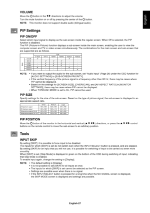 Page 29English-27
English
VOLUME
Move the  button in the   directions to adjust the volume.
Turn the mute function on or off by pressing the center of the 
 button.
NOTE:This monitor does not support double audio (bilingual audio).
PIP Settings
PIP ON/OFF
Select which input signal to display as the sub-screen inside the regular screen. When Off is selected, the PIP
function is disabled.
The PIP (Picture-in-Picture) function displays a sub-screen inside the main screen, enabling the user to view the
computer...