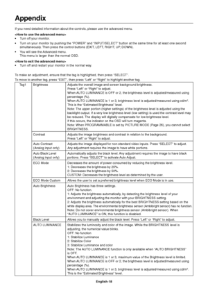 Page 20English-18
Appendix
If you need detailed information about the controls, please use the advanced menu.

•Turn off your monitor.
•Turn on your monitor by pushing the “POWER” and “INPUT/SELECT” button at the same time for at least one second
simultaneously. Then press the control buttons (EXIT, LEFT, RIGHT, UP, DOWN).
•You will see the Advanced menu.
This menu is larger than the normal OSD.

•Turn off and restart your monitor in the normal way.
To make an adjustment, ensure that the tag is highlighted,...