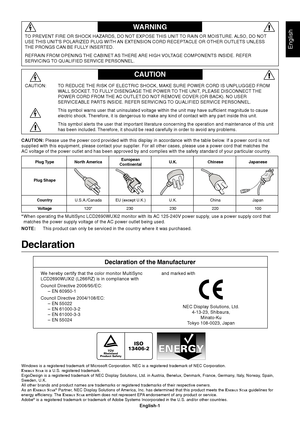 Page 3English
English-1
WARNING
CAUTION
CAUTION: TO REDUCE THE RISK OF ELECTRIC SHOCK, MAKE SURE POWER CORD IS UNPLUGGED FROM
WALL SOCKET. TO FULLY DISENGAGE THE POWER TO THE UNIT, PLEASE DISCONNECT THE
POWER CORD FROM THE AC OUTLET.DO NOT REMOVE COVER (OR BACK). NO USER
SERVICEABLE PARTS INSIDE. REFER SERVICING TO QUALIFIED SERVICE PERSONNEL.
This symbol warns user that uninsulated voltage within the unit may have sufficient magnitude to cause
electric shock. Therefore, it is dangerous to make any kind of...