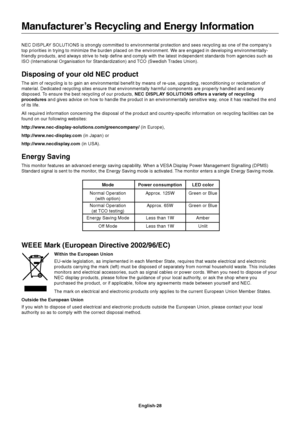 Page 30English-28 NEC DISPLAY SOLUTIONS is strongly committed to environmental protection and sees recycling as one of the company’s
top priorities in trying to minimize the burden placed on the environment. We are engaged in developing environmentally-
friendly products, and always strive to help define and comply with the latest independent standards from agencies such as
ISO (International Organisation for Standardization) and TCO (Swedish Trades Union).
Disposing of your old NEC product
The aim of recycling...