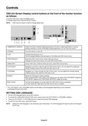 Page 10English-8
Controls
OSD (On-Screen Display) control buttons on the front of the monitor function
as follows:
To access OSD menu, press the MENU button.
To change signal input, press the SELECT button.
NOTE:OSD must be closed in order to change signal input.
*The “LEFT/RIGHT” and “UP/DOWN” buttons functionality is interchangeable depending on the orientation
(Landscape/Portrait) of the OSD.
SETTING OSD LANGUAGE
•Set the OSD language before using OSD functions.
•To access the “LANGUAGE SELECTION” menu,...