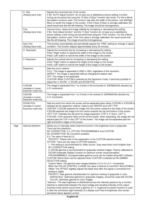 Page 22
English-20
H. Size Adjusts the horizontal size of the screen.
(Analog input only) If the “AUTO Adjust function” do not give you a satisfactory picture setting, a fu\
rther
tuning can be performed using the “H.Size (V.Size)” function (dot clock). For this a Moiré
test pattern could be used. This function may alter the width of the picture. Use left/Right
Menu to center the image on the screen. If the H.Size (V.Size) is wrongly calibrated, the
result would look like the left drawing. The image should be...