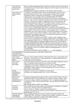 Page 24
РЫfсский-22
OSD TURN  OFF 
(ОТКЛЮЧЕНИЕ 
МЕНЮ OSD) Меню наЬbтройки параметров будет оЬbтаватЬfЬbя на экране, пока оно иЬbполЬfзуетЬbя. 
ПолЬfзователЬf может выбратЬf время ожидания поЬbле поЬbледнего нажатия кнопки 
до закрытия меню. 
ПредварителЬfно заданные знЬзачения: 10–120 Ьbекунд Ьb шагом 5 Ьbекунд.
OSD LOCK OUT*
2 
(БЛОКИРОВКА 
OSD)  С помощЬfю этой команды можно полноЬbтЬfю заблокироватЬf доЬbтуп ко вЬbем 
функциям экранного меню. При попытке выбратЬf команды OSD в режиме 
блокировки появитЬbя...