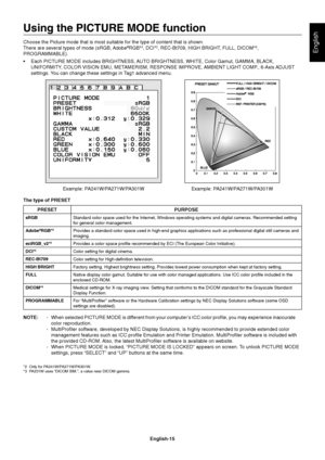 Page 17
English-15
English
Using the PICTURE MODE function
Choose the Picture mode that is most suitable for the type of content th\
at is shown.
There are several types of mode (sRGB, Adobe®RGB*2, DCI*2, REC-Bt709, HIGH BRIGHT, FULL, DICOM*3, 
PROGRAMMABLE).
 Each PICTURE MODE includes BRIGHTNESS, AUTO BRIGHTNESS, WHITE, Color Gamut, GAMMA, BLACK,  UNIFORMITY, COLOR VISION EMU, METAMERISM, RESPONSE IMPROVE, AMBIENT LIGHT COMP., 6-Axis ADJUST 
settings. You can change these settings in Tag1 advanced menu....