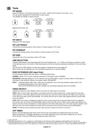 Page 14
English-12
 Tools
PIP MODE
Select PIP MODE, OFF/PIP/PICTURE BY PICTURE - ASPECT/PICTURE BY PICTURE \
- FULL. 
You can select individual PICTURE MODE in each screen. 
This display can display 2 inputs at a time.
 
PIP*2OFFPICTURE BY 
PICTURE - ASPECT*3PICTURE BY 
PICTURE - FULL*3
IMAGE ROTATION: ON
 
PIP*1OFF*1PICTURE BY 
PICTURE - ASPECT*3PICTURE BY 
PICTURE - FULL*3
PIP INPUT
Selects the PIP input signal.
PIP LEFT/RIGHT
Controls the horizontal position of the Picture in Picture window in PIP\
 mode....