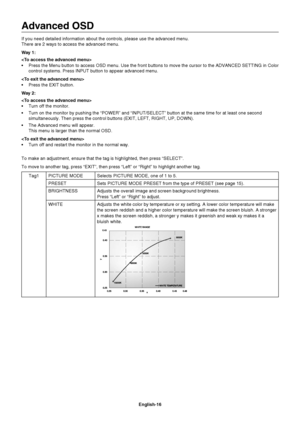 Page 18
English-16
Advanced OSD
If you need detailed information about the controls, please use the adva\
nced menu.
There are 2 ways to access the advanced menu.
Way 1:

 Press the Menu button to access OSD menu. Use the front buttons to move \
the cursor to the ADVANCED SETTING in Color control systems. Press INPUT button to appear advanced menu.

 Press the EXIT button.
Way 2:

 Turn off the monitor.
 Turn on the monitor by pushing the “POWER” and “INPUT/SELECT”\
 button at the same time for at least one...