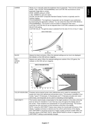 Page 19
English-17
English
GAMMA Allows you to manually select the brightness level of grayscale. There a\
re  ve selections: sRGB, L Star, DICOM, PROGRAMMABLE and CUSTOM. We recommend to show 
grayscale image data on screen.
sRGB: GAMMA setting for sRGB.
L Star: GAMMA for Lab color space.
DICOM: DICOM GSDF (Grayscale Standard Display Function) is typically u\
sed for 
medical imaging.
PROGRAMMABLE: The brightness of grayscale can be changed to your prefere\
nce 
by downloading the application software. You can...