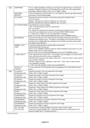 Page 20
English-18
Tag2 SHARPNESS  This is a digital capability for keeping a crisp image at all signal tim\
ings. It continuously 
adjusts to maintain as distinct or as soft image as you prefer, and is s\
et independently 
according to different timings. Press “Left” or “Right” to a\
djust.
RESPONSE 
IMPROVE  Turns the Response Improve function on or off. Response Improve may redu\
ce blurring 
that occurs in some moving images.
ECO MODE Decreases the amount of power consumed by reducing the brightness level.\...