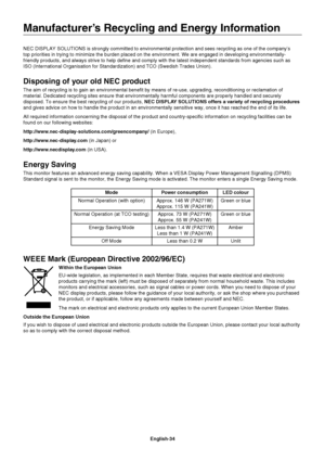 Page 36
English-34
NEC DISPLAY SOLUTIONS is strongly committed to environmental protection \
and sees recycling as one of the company’s 
top priorities in trying to minimize the burden placed on the environmen\
t. We are engaged in developing environmentally-
friendly products, and always strive to help de ne and comply with the latest independent standards from agencies such a\
s 
ISO (International Organisation for Standardization) and TCO (Swedish\
 Trades Union).
Disposing of your old NEC product
The aim of...