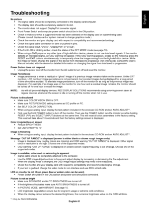 Page 33
English-31
English
Troubleshooting
No picture The signal cable should be completely connected to the display card/comp\
uter.
 The display card should be completely seated in its slot.
 The monitor does not support DisplayPort converter signal.
 Front Power Switch and computer power switch should be in the ON positio\
n.
 Check to make sure that a supported mode has been selected on the displa\
y card or system being used. (Please consult display card or system manual to change graphics mode.)\
 Check...