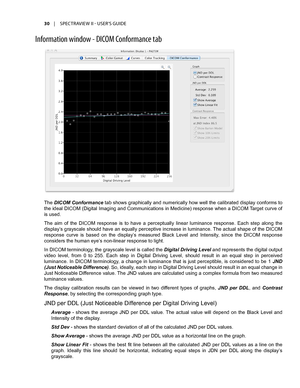 Page 3030	 |	SPECTRAVIEW	II 	- 	USER’S 	GUIDE
Inf\frmati\fn \bind\f\b - DICOM C\fnf\frmance tab
The DICOM Conformance tab shows graphically and numerically how well the calibrated display conforms to 
the ideal DICOM (Digital Imaging and Communications in Medicine) response when a DICOM Target curve of 
is used. 
The  aim  of  the  DICOM  response  is  to  have  a  perceptually  linear  luminance  response.  Each  step  along  the 
display’s grayscale should have an equally perceptive increase in luminance. The...