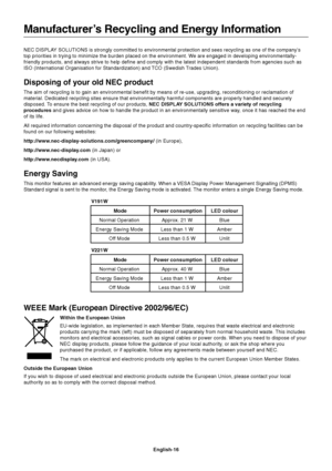 Page 18English-16 NEC DISPLAY SOLUTIONS is strongly committed to environmental protection and sees recycling as one of the company’s
top priorities in trying to minimize the burden placed on the environment. We are engaged in developing environmentally-
friendly products, and always strive to help define and comply with the latest independent standards from agencies such as
ISO (International Organisation for Standardization) and TCO (Swedish Trades Union).
Disposing of your old NEC product
The aim of recycling...