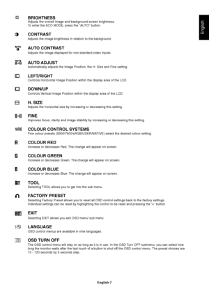 Page 9English
English-7
BRIGHTNESSAdjusts the overall image and background screen brightness.
To enter the ECO MODE, press the “AUTO” button.
CONTRAST
Adjusts the image brightness in relation to the background.
AUTO CONTRAST
Adjusts the image displayed for non-standard video inputs.
AUTO ADJUST
Automatically adjusts the Image Position, the H. Size and Fine setting.
LEFT/RIGHT
Controls Horizontal Image Position within the display area of the LCD.
DOWN/UP
Controls Vertical Image Position within the display area...