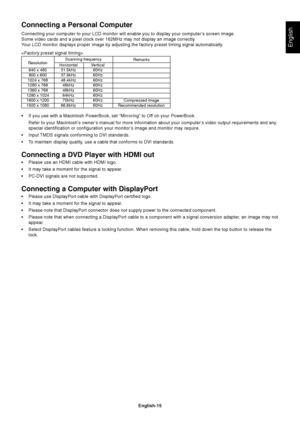 Page 17
English-15
English
Connecting a Personal Computer
Connecting your computer to your LCD monitor will enable you to display \
your computer’s screen image.
Some video cards and a pixel clock over 162MHz may not display an image \
correctly.
Your LCD monitor displays proper image by adjusting the factory preset ti\
ming signal automatically.

• If you use with a Macintosh PowerBook, set “Mirroring” to Off on your PowerBook.Refer to your Macintosh’s owner’s manual for more information about your computer’s...