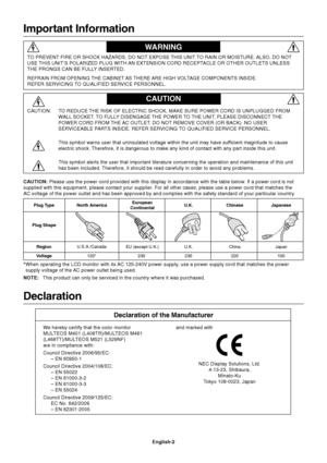 Page 4
English-2
Important Information
TO PREVENT FIRE OR SHOCK HAZARDS, DO NOT EXPOSE THIS UNIT TO RAIN OR MOISTURE. ALSO, DO NOT
USE THIS UNIT’S POLARIZED PLUG WITH AN EXTENSION CORD RECEPTACLE OR OTHER OUTLETS UNLESS
THE PRONGS CAN BE FULLY INSERTED.
REFRAIN FROM OPENING THE CABINET AS THERE ARE HIGH VOLTAGE COMPONENTS INSIDE.
REFER SERVICING TO QUALIFIED SERVICE PERSONNEL.
WARNING
CAUTION
CAUTION: TO REDUCE THE RISK OF ELECTRIC SHOCK, MAKE SURE POWER CORD IS UNPLUGGED FROMWALL SOCKET. TO FULLY DISENGAGE...