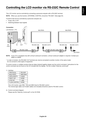 Page 31
English-29
EnglishThis LCD monitor can be controlled by connecting a personal computer wit\
h a RS-232C terminal.
NOTE:When you use this function, EXTERNAL CONTROL should be “RS-232C” (\
See page 23).
Functions that can be controlled by a personal computer are:
• Power ON or OFF
• Switching between input signals
Connection
LCD Monitor + PC
NOTE: If your PC is equipped only with a 25-pin serial port connector, a 25-pin serial port adapter is required. Contact your
dealer for details.
* In order to...