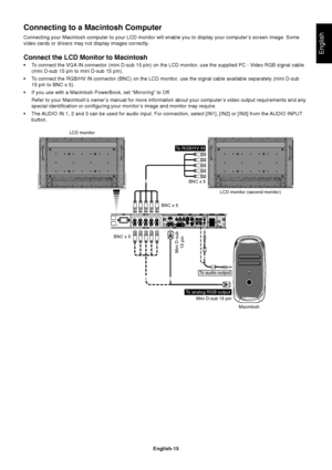 Page 17English-15
EnglishConnect the LCD Monitor to Macintosh
•To connect the VGA IN connector (mini D-sub 15 pin) on the LCD monitor, use the supplied PC - Video RGB signal cable
(mini D-sub 15 pin to mini D-sub 15 pin).
•To connect the RGB/HV IN connector (BNC) on the LCD monitor, use the signal cable available separately (mini D-sub
15 pin to BNC x 5).
•If you use with a Macintosh PowerBook, set “Mirroring” to Off.
Refer to your Macintosh’s owner’s manual for more information about your computer’s video...