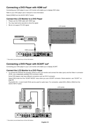 Page 20English-18
Connect the LCD Monitor to a DVD Player
•Please use the HDMI cable with HDMI logo.
•You may need some seconds to show the signal.
•We do not support PC-DVI signal.
Connecting a DVD Player with HDMI out*
Connecting your DVD player to your LCD monitor will enable you to display DVD video.
Refer to your DVD player user’s manual for more information.
Select [HDMI] from the AUDIO INPUT button.
LCD monitor
HDMI connector
To HDMI output
*: The product you purchased may not have this feature.
Connect...