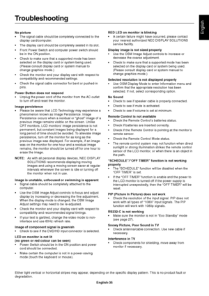 Page 37English-35
English
Troubleshooting
No picture
•The signal cable should be completely connected to the
display card/computer.
•The display card should be completely seated in its slot.
•Front Power Switch and computer power switch should
be in the ON position.
•Check to make sure that a supported mode has been
selected on the display card or system being used.
(Please consult display card or system manual to
change graphics mode.)
•Check the monitor and your display card with respect to
compatibility and...