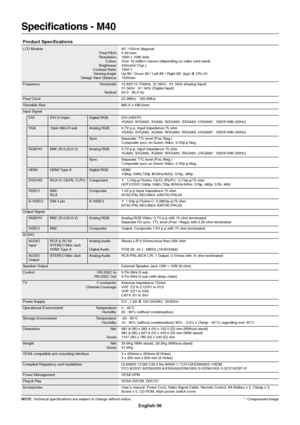 Page 38English-36
Specifications - M40
Product Specifications
LCD Module 40 /102cm diagonal
Pixel Pitch: 0.461mm
Resolution: 1920 x 1080 dots
Colour: Over 16 million colours (depending on video card used)
Brightness: 450cd/m
2 (Typ.)
Contrast Ratio: 1000:1
Viewing Angle: Up 89°/ Down 89°/ Left 89°/ Right 89° (typ) @ CR>10
Design View Distance: 1500mm
Frequency Horizontal: 15.625/15.734kHz, 31.5kHz - 91.1kHz (Analog Input)
31.5kHz - 91.1kHz (Digital Input)
Vertical: 50.0 - 85.0 Hz
Pixel Clock 25.2MHz - 162.0MHz...