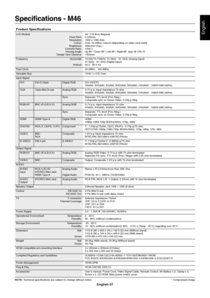 Page 39English-37
English
Specifications - M46
Product Specifications
LCD Module 46 /116.8cm diagonal
Pixel Pitch: 0.530mm
Resolution: 1920 x 1080 dots
Colour: Over 16 million colours (depending on video card used)
Brightness: 450cd/m
2 (Typ.)
Contrast Ratio: 1200:1
Viewing Angle: Up 89°/ Down 89°/ Left 89°/ Right 89° (typ) @ CR>10
Design View Distance: 1500mm
Frequency Horizontal: 15.625/15.734kHz, 31.5kHz - 91.1kHz (Analog Input)
31.5kHz - 91.1kHz (Digital Input)
Vertical: 50.0 - 85.0 Hz
Pixel Clock 25.2MHz -...