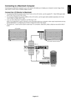 Page 17English-15
EnglishConnect the LCD Monitor to Macintosh
•To connect the VGA IN connector (mini D-sub 15 pin) on the LCD monitor, use the supplied PC - Video RGB signal cable
(mini D-sub 15 pin to mini D-sub 15 pin).
•To connect the RGB/HV IN connector (BNC) on the LCD monitor, use the signal cable available separately (mini D-sub
15 pin to BNC x 5) (BNC INPUT only).
•If you use with a Macintosh PowerBook, set “Mirroring” to Off.
Refer to your Macintosh’s owner’s manual for more information about your...