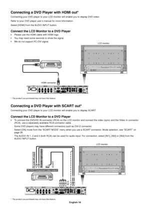 Page 20English-18
Connect the LCD Monitor to a DVD Player
•Please use the HDMI cable with HDMI logo.
•You may need some seconds to show the signal.
•We do not support PC-DVI signal.
Connecting a DVD Player with HDMI out*
Connecting your DVD player to your LCD monitor will enable you to display DVD video.
Refer to your DVD player user’s manual for more information.
Select [HDMI] from the AUDIO INPUT button.
LCD monitor
HDMI connector
To HDMI output
*: The product you purchased may not have this feature.
Connect...