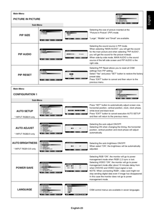 Page 25English-23
English
Main-Menu
PICTURE IN PICTURE
Sub-Menu
Selecting the size of picture inserted at the
“Picture-in-Picture” (PIP) mode.
“Large”, “Middle” and “Small” are available.
Selecting the sound source in PIP mode.
When selecting “MAIN AUDIO”, you will get the sound
for the main picture and when selecting “PIP AUDIO”,
you will get the sound for the picture instead.
When side-by-side mode, MAIN AUDIO is the sound
source of the left side screen and PIP AUDIO is the
right side.
Selecting PIP Reset...