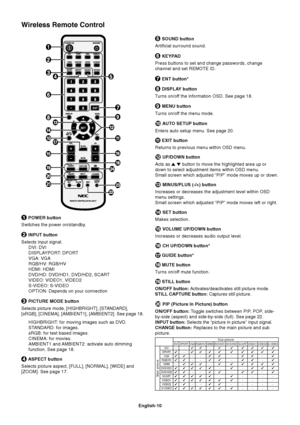 Page 12
English-10
 POWER button
Switches the power on/standby.
 INPUT button
Selects input signal. DVI: DVI
DISPLAYPORT: DPORT
VGA: VGA
RGB/HV: RGB/HV
HDMI: HDMI
DVD/HD: DVD/HD1, DVD/HD2, SCART
VIDEO: VIDEO1, VIDEO2
S-VIDEO: S-VIDEO
OPTION: Depends on your connection
 PICTURE MODE button
Selects picture mode, [HIGHBRIGHT], [STANDARD],
[sRGB], [CINEMA], [AMBIENT1], [AMBIENT2]. See page 18.
HIGHBRIGHT: for moving images such as DVD.
STANDARD: for images.
sRGB: for text based images.
CINEMA: for movies.
AMBIENT1...