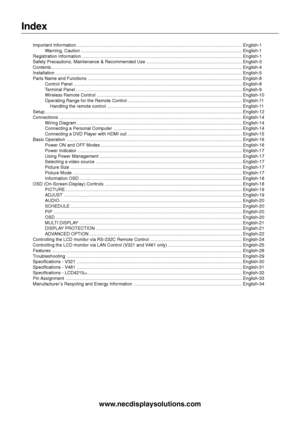 Page 2Index
Important Information ................................................................................................................................... English-1
Warning, Caution ................................................................................................................................ English-1
Registration Information ............................................................................................................................... English-1
Safety Precautions,...