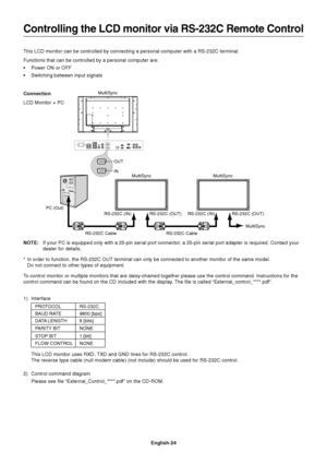 Page 26English-24
Controlling the LCD monitor via RS-232C Remote Control
This LCD monitor can be controlled by connecting a personal computer with a RS-232C terminal.
Functions that can be controlled by a personal computer are:
•Power ON or OFF
•Switching between input signals
Connection
LCD Monitor + PC
NOTE:If your PC is equipped only with a 25-pin serial port connector, a 25-pin serial port adapter is required. Contact your
dealer for details.
*In order to function, the RS-232C OUT terminal can only be...