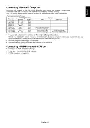 Page 17
English-15
English
Connecting a Personal Computer
Connecting your computer to your LCD monitor will enable you to display \
your computer’s screen image.
Some video cards with a pixel clock over 165 MHz may not display an imag\
e correctly.
Your LCD monitor displays proper image by adjusting the factory preset ti\
ming signal automatically.

Horizontal Vertical V321 V421/V461
640 x 480 31.5 kHz 60 Hz800 x 600 37.9 kHz 60 Hz
1024 x 768 48.4 kHz 60 Hz
1280 x 768 48 kHz 60 Hz1360 x 768 48 kHz 60 Hz...
