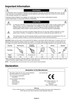 Page 4English-2
Important Information
TO PREVENT FIRE OR SHOCK HAZARDS, DO NOT EXPOSE THIS UNIT TO RAIN OR MOISTURE. ALSO, DO NOT
USE THIS UNIT’S POLARIZED PLUG WITH AN EXTENSION CORD RECEPTACLE OR OTHER OUTLETS UNLESS
THE PRONGS CAN BE FULLY INSERTED.
REFRAIN FROM OPENING THE CABINET AS THERE ARE HIGH VOLTAGE COMPONENTS INSIDE.
REFER SERVICING TO QUALIFIED SERVICE PERSONNEL.
WARNING
CAUTION
CAUTION: TO REDUCE THE RISK OF ELECTRIC SHOCK, MAKE SURE POWER CORD IS UNPLUGGED FROM
WALL SOCKET. TO FULLY DISENGAGE...