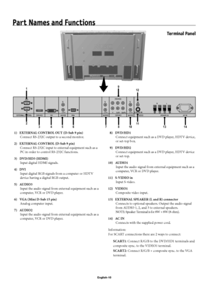 Page 13English-10
EXTERNAL CONTROLOUT
2
IN
DVD/HD3S-VIDEO IN
DVI AUDIO3R
L(MONO)
R
L
(MONO)
R
L
(MONO)AUDIO2 AUDIO1 VGAY Cr/Pr Cb/Pb
DVD/HD1 DVD/HD2
IN
VIDEO
AC IN RLSPEAKER (S)
1
34567810
912
111314
Part Names and Functions
  1)  EXTERNAL CONTROL OUT (D-Sub 9 pin)
Connect RS-232C output to a second monitor. 
  2)  EXTERNAL CONTROL (D-Sub 9 pin)
Connect RS-232C input to external equipment such as a 
PC in order to control RS-232C functions. 
 3)  DVD/HD3 (HDMI)
Input digital HDMI signals.
 4)  DVI
Input digital...