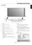 Page 12English
English-9
Part Names and Functions
Control Panel
 1)  POWER
Switches the power on/standby.
 2)  MUTE
Switches the audio mute ON/OFF.
 3)  INPUT
Switches between input sources.
Acts as SET button within the OSD menu.
 4)  PLUS (+)
Increases the setting adjustment within OSD menu.
 5)  MINUS (-)
Decreases the setting adjustment within OSD menu. 
 6)  UP ( )
Increases the volume level when the OSD is off .
Moves area up to select which setting to is to be adjusted 
within OSD menu.
 7)  DOWN ( )...