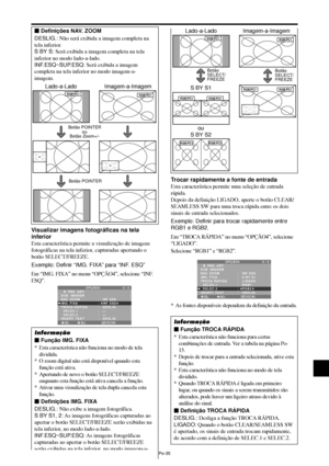 Page 177Po-35
Trocar rapidamente a fonte de entrada
Esta característica permite uma seleção de entrada
rápida.
Depois da definição LIGADO, aperte o botão CLEAR/
SEAMLESS SW para uma troca rápida entre os dois
sinais de entrada selecionados.
Exemplo: Definir para trocar rapidamente entre
RGB1 e RGB2.
Em “TROCA RÁPIDA” no menu “OPÇÃO4”, selecione
“LIGADO”.
Selecione “RGB1” e “RGB2”.
SEL. ADJ. VOLTAR
OPÇÃO4 4 / 4
      PÁG. ANT.
SUB. IMAGEM
NAV. ZOOM
IMG. FIXA
TROCA RÁPIDA
  SELEC.1 
  SELEC.2 
INSERT. TEXT:...