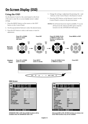 Page 17English-14
On-Screen Display (OSD)
Using the OSD
Use the Remote Control or the control panel on the front 
of the unit to enter the on-screen display menu to adjust 
settings.
1.  Press the MENU button on the remote or the EXIT 
button on the Control Panel.
2.  Use the up and down buttons to select the desired menu.
3.  Press the SET button to select a sub-menu or item for 
adjustment.4.  Change the setting or adjustment by pressing  the + and 
- buttons on the Control Panel or the Remote Control.
5....