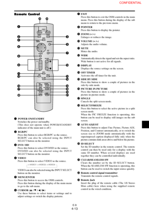 Page 13E-9
q POWER ON/STANDBY
Switches the power on/standby.
(This does not operate when POWER/STANDBY
indicator of the main unit is off.)
w RGB/PC
Press this button to select RGB/PC as the source.
RGB/PC can also be selected using the INPUT
SELECT button on the monitor.
eDVD / HD
Press this button to select DVD/HD as the source.
DVD/HD can also be selected using the INPUT
SELECT button on the monitor.
rVIDEO
Press this button to select VIDEO as the source.
VIDEO can also be selected using the INPUT SELECT...