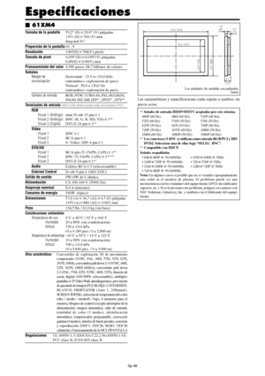 Page 141Sp-46
Especificaciones
Tamaño de la pantalla53,2 (H)29,9 (V) pulgadas
1351 (H)760 (V) mm
diagonal 61
Proporción de la pantalla16 : 9
Resolución1365(H)768(V) pixels
Tamaño de pixel0,039(H)0,039(V) pulgadas
0,99(H)0,99(V) mm
Procesamiento del color4.096 pasos, 68,7 billones de colores
Señales
Margen deHorizontal : 15,5 to 110,0 kHz
sincronización(automático: exploración de paso)
Vertical : 50,0 a 120,0 Hz
(automático: exploración de paso)
Señales de entradaRGB, NTSC (3.58/4.43), PAL (B,G,M,N),
PAL60,...