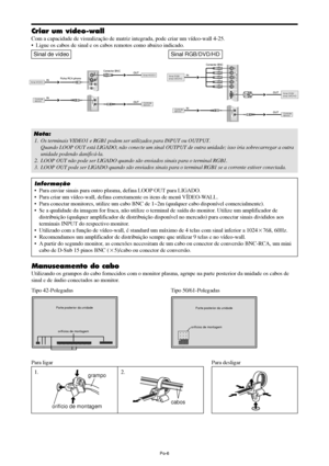 Page 148Po-6
Parte posterior da unidade
orifícios de montagemParte posterior da unidade
orifícios de montagem
RGB2 / DVD2 / HD2
RGB 1
R/
VD G/ B/
HD
(
I N / OUT)
Cr/Pr Y Cb/Pb
I N OUTREMOTE
IN
OUT
INOUTControle
remoto Sinal RGB/ 
sinal DVD/HD
Controle
remoto
Conector BNC
Sinal RGB/ 
sinal DVD/HD
Criar um vídeo-wall
Com a capacidade de visualização de matriz integrada, pode criar um vídeo-wall 4-25.
•Ligue os cabos de sinal e os cabos remotos como abaixo indicado.
Sinal de vídeo Sinal RGB/DVD/HD
Nota:
1. Os...