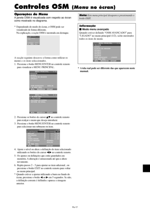 Page 159Po-17
Operações do Menu
A janela OSM é visualizada com respeito ao écran
como mostrado no diagrama.
* Dependendo do modo do écran, o OSM pode ser
visualizado de forma diferente.
Na explicação, a seção OSM é mostrada em destaque.
SEL.
MENU PRINCIPAL 1 / 2
IMAGEM
ÁUDIO
AJUSTE DE IMAGEM
OPÇÃO1
OSM AVANÇADO
      PÁG. SEG.:   DESLIG.
SAIR
MENU/ENTEROKEXIT
A secção seguinte descreve a forma como utilizar os
menus e os itens seleccionados.
1. Pressione o botão MENU/ENTER no controle remoto
para visualizar o...