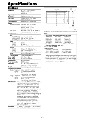 Page 45En-44
Specifications
Screen Size36.3(H)20.3(V) inches
922(H)515(V) mm
diagonal 42
Aspect Ratio16 : 9
Resolution1024(H)768(V) pixels
Pixel Pitch0.036(H)0.027(V) inches
0.9(H)0.671(V) mm
Color Processing4,096 steps, 68.7 billion colors
Signals
Synchronization RangeHorizontal : 15.5 to 110.0 kHz
(automatic : step scan)
Vertical : 50.0 to 120.0 Hz
(automatic : step scan)
Input SignalsRGB, NTSC (3.58/4.43), PAL (B,G,M,N),
PAL60, SECAM, HD*1 , DVD*1 , DTV*1
Input Terminals (VIDEO1 and RGB1 can also be...