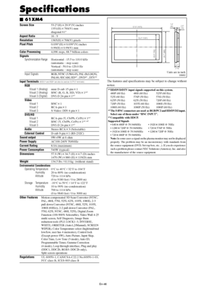 Page 47En-46
Specifications
Screen Size53.2(H)29.9(V) inches
1351(H)760(V) mm
diagonal 61
Aspect Ratio16 : 9
Resolution1365(H)768(V) pixels
Pixel Pitch0.039(H)0.039(V) inches
0.99(H)0.99(V) mm
Color Processing4,096 steps, 68.7 billion colors
Signals
Synchronization RangeHorizontal : 15.5 to 110.0 kHz
(automatic : step scan)
Vertical : 50.0 to 120.0 Hz
(automatic : step scan)
Input SignalsRGB, NTSC (3.58/4.43), PAL (B,G,M,N),
PAL60, SECAM, HD*1 , DVD*1 , DTV*1
Input Terminals (VIDEO1 and RGB1 can also be...