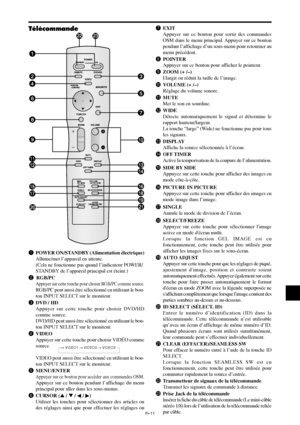 Page 59Fr-11
qPOWER ON/STANDBY (Alimentation électrique)
Allume/met l’appareil en attente.
(Cela ne fonctionne pas quand l’indicateur POWER/
STANDBY de l’appareil principal est éteint.)
w RGB/PC
Appuyer sur cette touche pour choisir RGB/PC comme source.
RGB/PC peut aussi être sélectionné en utilisant le bou-
ton INPUT SELECT sur le moniteur.
eDVD / HD
Appuyer sur cette touche pour choisir DVD/HD
comme source.
DVD/HD peut aussi être sélectionné en utilisant le bou-
ton INPUT SELECT sur le moniteur.
rVIDEO...