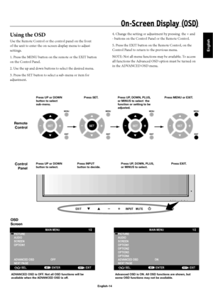 Page 17English
English-14
On-Screen Display (OSD)
Using the OSD
Use the Remote Control or the control panel on the front 
of the unit to enter the on-screen display menu to adjust 
settings.
1. Press the MENU button on the remote or the EXIT button 
on the Control Panel.
2. Use the up and down buttons to select the desired menu.
3. Press the SET button to select a sub-menu or item for 
adjustment.4. Change the setting or adjustment by pressing  the + and 
- buttons on the Control Panel or the Remote Control.
5....