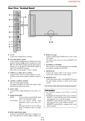 Page 12E-8
AAC IN
Connect the included power cord here.
BEXT SPEAKER L and R
Connect speakers (optional) here. Maintain the correct
polarity. Connect the 
 (positive) speaker wire to the
 EXT SPEAKER terminal and the  (negative)
speaker wire to the 
 EXT SPEAKER terminal on
both LEFT and RIGHT channels.
Please refer to your speaker’s owner’s manual.
CVIDEO1, 2, 3 (BNC, RCA, S-Video)
Connect VCR’s, DVD’s or Video Cameras, etc. here.
VIDEO1 can be used for Input or Output (see page E-
5).
DAUDIO1, AUDIO2, AUDIO3...