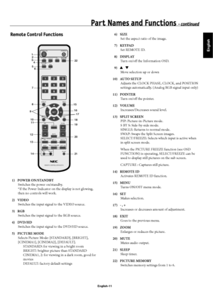 Page 14English
English-11
Part Names and Functions - continued
 1)  POWER ON/STANDBY
Switches the power on/standby. 
*If the Power Indicator on the display is not glowing, 
then no controls will work.
 2)  VIDEO
Switches the input signal to the VIDEO source.
 3)  RGB
Switches the input signal to the RGB source.
 4)  DVD/HD
Switches the input signal to the DVD/HD source. 
 5)  PICTURE MODE
Selects Picture Mode: [STANDARD], [BRIGHT],  
[CINEMA1], [CINEMA2], [DEFAULT]. 
  STANDARD: for viewing in a bright room...