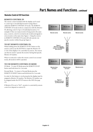 Page 16English
English-13
REMOTE CONTROL ID
Th  e remote control included with the display can be used 
to control up to 26 individual monitors using what is 
called the REMOTE CONTROL ID mode. Th e REMOTE 
CONTROL ID mode works in conjunction with the Monitor 
ID, allowing control of up to 26 individual monitors. For 
example: if there are many monitors being used in the same 
area, a remote control in normal mode would send signals to 
every monitor at the same time Figure 1. Using the remote 
in REMOTE...