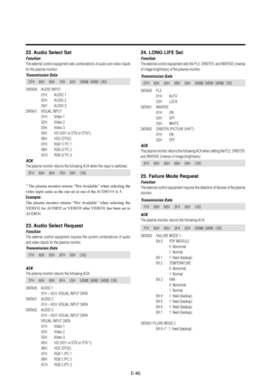 Page 51E-46
22. Audio Select Set
Function
The external control equipment sets combinations of audio and video inputs
for the plasma monitor.
Transmission Data
DFH 80H 60H 70H 02HDATA00 DATA01CKS
DATA00: AUDIO INPUT
01H: AUDIO 1
02H: AUDIO 2
03H: AUDIO 3
DATA01: VISUAL INPUT
01H: Video 1
02H: Video 2
03H: Video 3
05H: HD (HD1 or DTV or DTV1)
06H: HD2 (DTV2)
07H: RGB 1/ PC 1
08H: RGB 2/ PC 2
0CH: RGB 3/ PC 3
ACK
The plasma monitor returns the following ACK when the input is switched.
3FH 60H 80H 70H 00H CKS
* The...